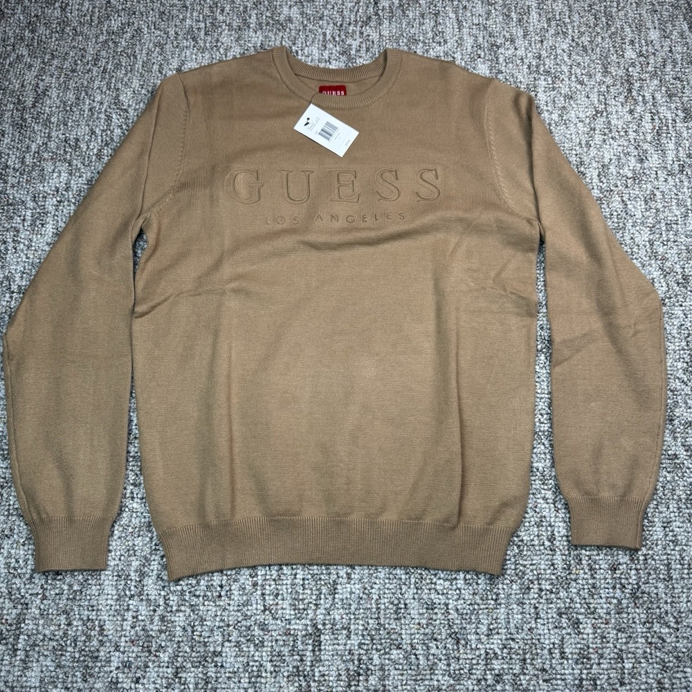 Guess Jeans Sweater Mens Large Stero Debos Long Sleeve Crew Beige Tan $70 NWT